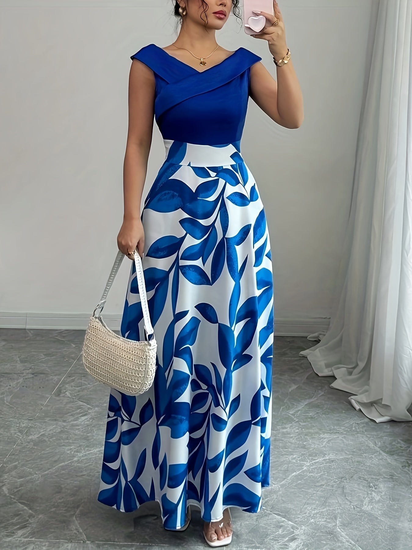 Vestido elegante para mujer con escote en V, estampado floral y bolsillos, línea A, manga corta, cintura entallada y falda fluida, ideal para verano, blanco con diseño de hojas verdes, para uso casual o formal | Vestido estampado floral | Diseño con cint