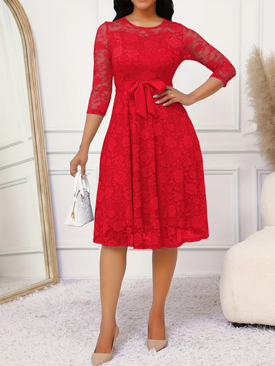 Vestido elegante con encaje floral, cinturón y dobladillo con volantes, cuello redondo y mangas 3/4, ideal para primavera y otoño, ropa de mujer
