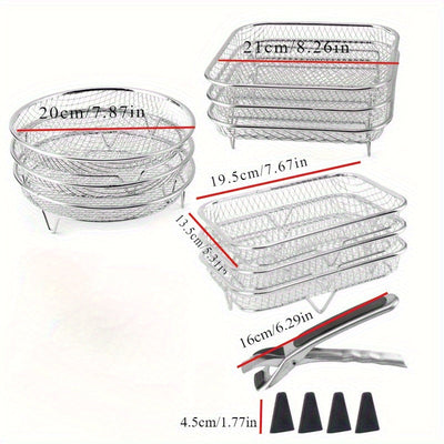 Juego de 8 Piezas de Rejillas para Freidora de Aire con Pies Elevadores, Rejilla Deshidratadora de Acero Inoxidable y Clip, Rejilla Redonda Apilable