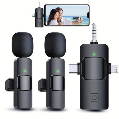 Micrófono inalámbrico lavalier mini de radio claro, 3 en 1, para iPhone, Android, cámara, computadora o laptop, con conexión USB-C/3.5mm, doble solapa, para grabación de video, vlog, transmisión en vivo, podcast, reuniones y enseñanza, sincronización aut