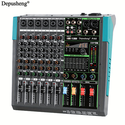 Mixer de audio profesional DEPUSHENG 6/8 canales - Aleación, operado por fuente de alimentación, 110V-130V, enchufe estadounidense, consola de mezcla con MP3, función inalámbrica, grabación USB - Serie PA6/PA8