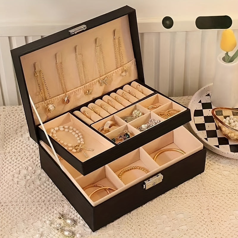 Caja organizadora de joyas de estilo vintage con cierre de seguridad, diseño multi-capas anti-entrelazado para collares, pendientes, pulseras - Impermeable, resistente a manchas, piel sintética de imitación con interior de tela - Regalo perfecto para cum