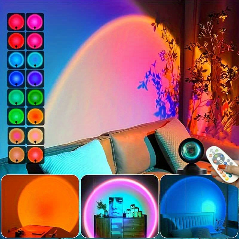 Lámpara de proyección de puesta de sol LED | Iluminación RGB de 16 colores con control remoto y soporte de trípode | Alimentado por USB | Multiusos para fotografía, fiestas, bodas, decoración del hogar | Proyección de puesta de sol, decoración de dormito