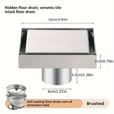 Drenaje invisible de acero inoxidable SUS304 con incrustación de cerámica, 10 cm x 3.94 pulgadas, acabado cepillado, núcleo autosellante, solución de drenaje para baño