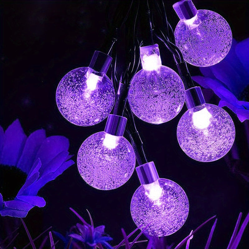 Luz de burbujas solar con 8 funciones, color morado, diámetro de bola 1.7 cm/0.67 pulgadas, luces decorativas para Halloween, lámpara de ambiente festivo, 1 cuerda (5 metros y 20 luces o 6.5 metros y 30 luces)