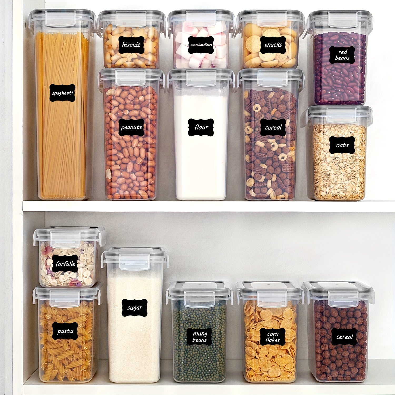Juego de 7 Contenedores Herméticos para Almacenamiento de Alimentos con Tapas, Tarros de Plástico para Cocina y Despensa para Espagueti, Alimentos Secos, Harina y Azúcar, con Etiquetas, ¡Esencial para la Organización en Autocaravana!