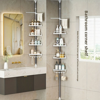 Estantería Retráctil de 4 Niveles para Esquina del Baño, Estante de Ducha con Bandeja Ajustable y Barra Giratoria para Toallas, Fácil Instalación Sin Taladrar, Organizador Montado en Pared para Accesorios y Suministros de Baño, Caddy de Ducha