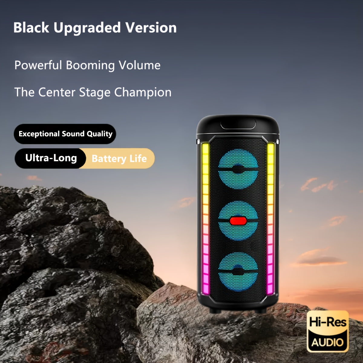 Altavoz inalámbrico portátil al aire libre GIOCHEM con efectos de iluminación coloridos, carga Type-C, controles de tarjeta USB/FM/AUX/MIC y botones, batería recargable de 2400 mAh para baile al aire libre, camping, iluminación de escenario, fiesta de di