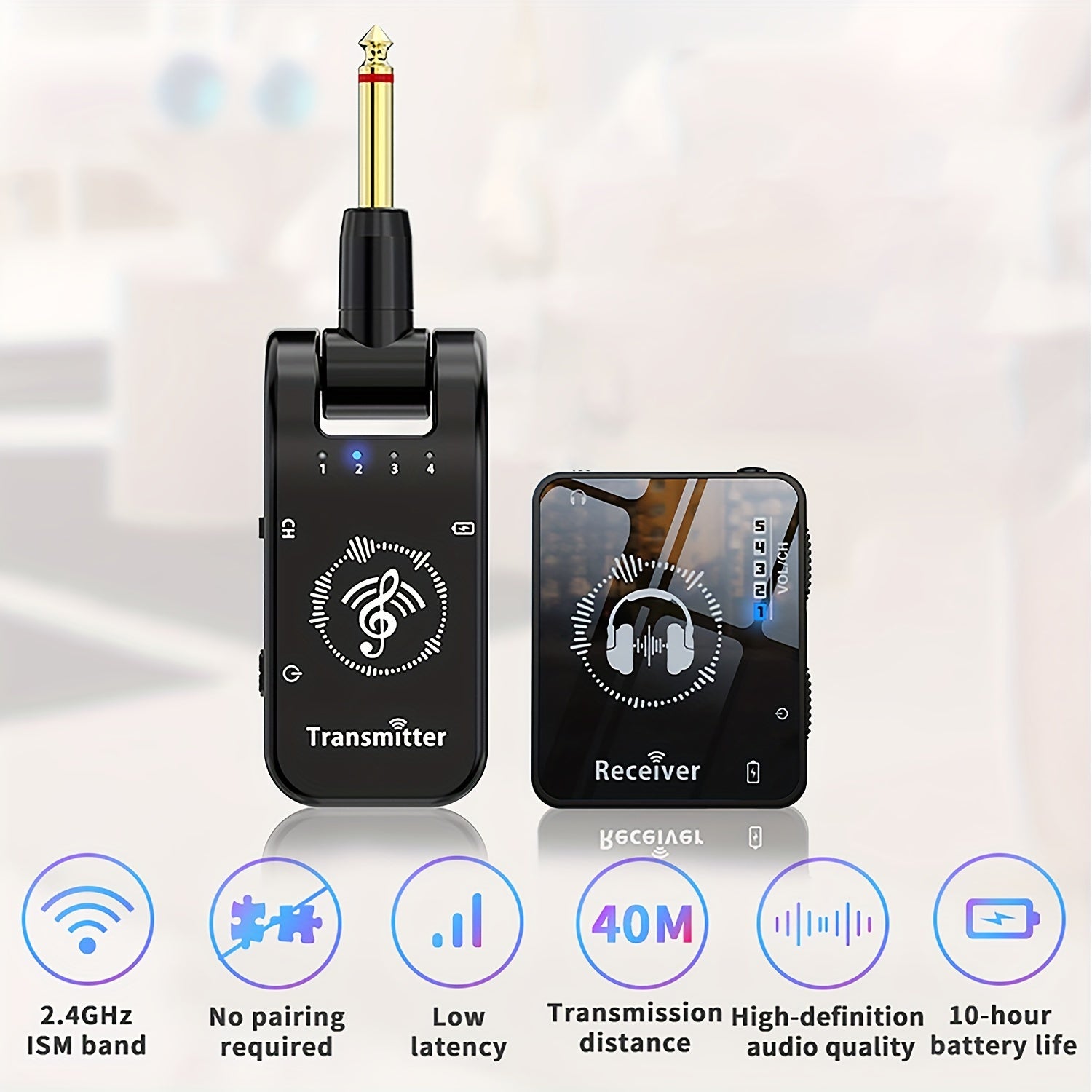 Sistema de Relé de Audio Inalámbrico Compacto de 2.4GHz con Transmisor y Receptor de Emparejamiento Automático - Monitoreo In-Ear de Alta Fidelidad para Estudio, Ensayos de Bandas y Actuaciones En Vivo, Carga USB Tipo-C, Negro