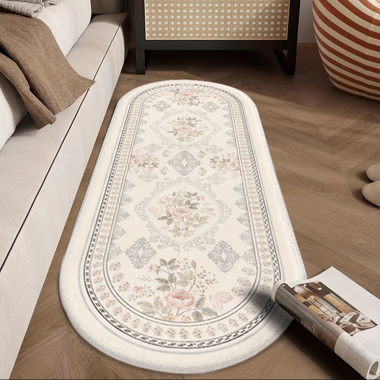 1pc Alfombra de cabecero ovalada con patrón floral - suave, antideslizante para dormitorios, alfombrilla decorativa para salas y sofás - decoración rústica del hogar, tapicería estética y suministros artísticos-Día de la Madre