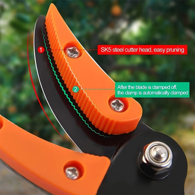 Sierras de Poda Duraderas de Acero Inoxidable con Mangos Ergonómicos Largos y Cuchillas Giratorias - Tijeras de Jardín Cómodas para la Agarre, Recolección de Frutas, Podado de Ramas - Herramienta Manual Robusta para Jardineros Casuales y Paisajistas Prof