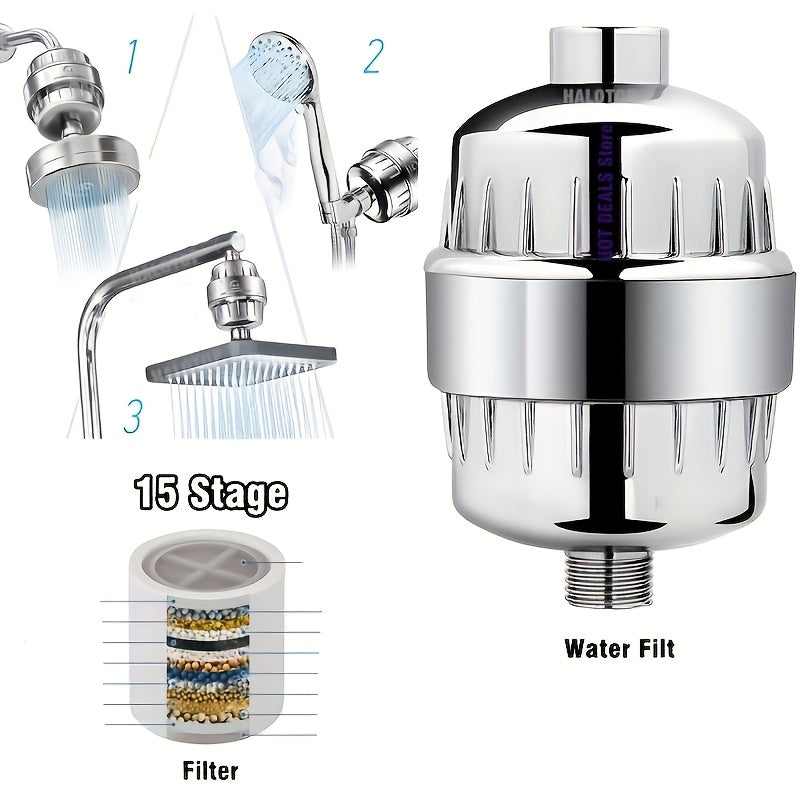 Filter de Ducha de 15 Capas con Cartuchos Incorporados - Cabezal de Ducha Cromado y Cuerpo de Plástico Blanco, Reduce Cloro, Olores y Jabonosa, Mejora la Salud del Pelo y el Agua Beige Clara, Instalación Fácil para una Experiencia Suave y Cómoda