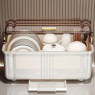 Gabinete de almacenamiento de platos y tazas de plástico para cocina, con estante de drenaje de platos y tazas a prueba de polvo, con tapa y ranura de almacenamiento de vajilla, gabinete multifuncional de almacenamiento de platos y tazas con placa de dre