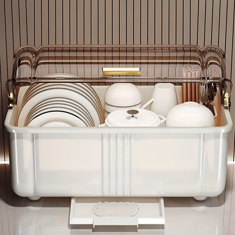 Gabinete de almacenamiento de platos y tazas de plástico para cocina, con estante de drenaje de platos y tazas a prueba de polvo, con tapa y ranura de almacenamiento de vajilla, gabinete multifuncional de almacenamiento de platos y tazas con placa de dre