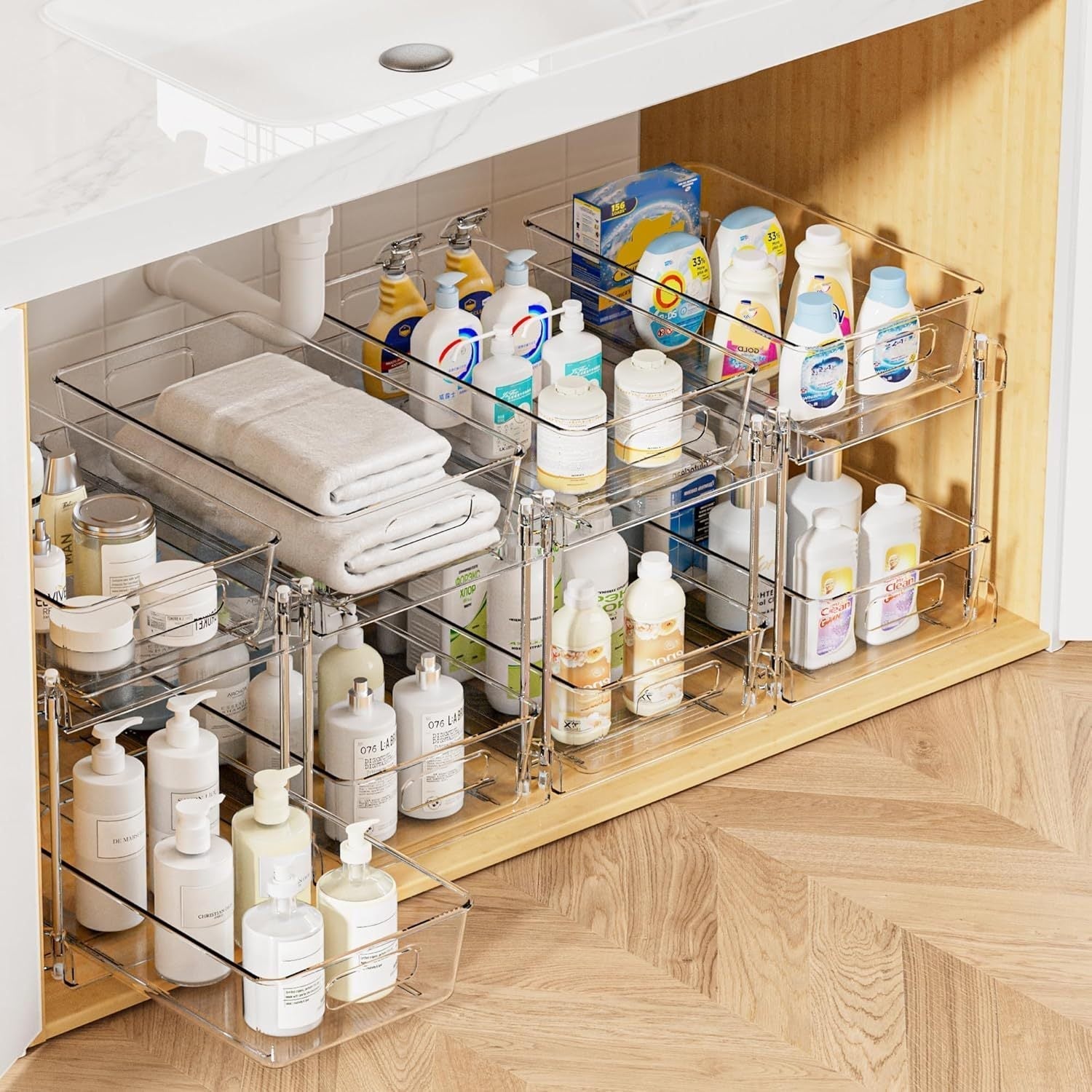 4 piezas de estante de baño extraíble de plástico, estante de almacenamiento individual de 2 plantas, organizador de armario de medicamentos transparente, armario, cocina con caja de almacenamiento de fregadero