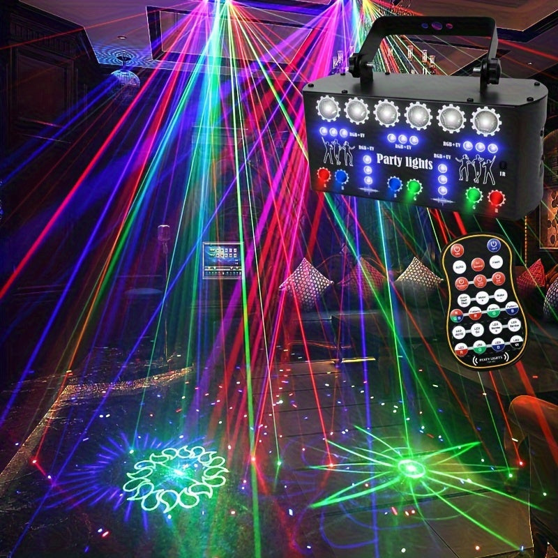 YSH 27-Luz de láser con espejo, control remoto y control de voz, función de memoria, iluminación de escenario y fiesta colorida para DJ, bar, discoteca, Halloween, eventos navideños - 110-130V, enchufe de EE. UU., marco de hierro, decoraciones de luz lás