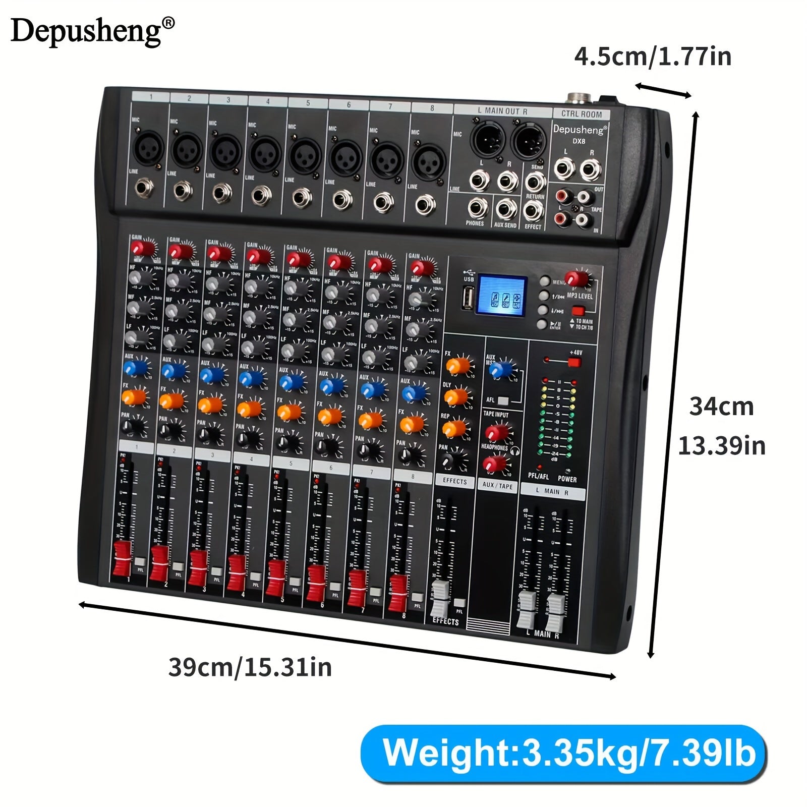 Mezclador de audio profesional DEPUSHENG de 6/8/12 canales - Negro, encendido, 110V-130V, estándar estadounidense, con USB, XLR, alimentación fantasma y entradas/salidas RCA para DJs, estudios y bares