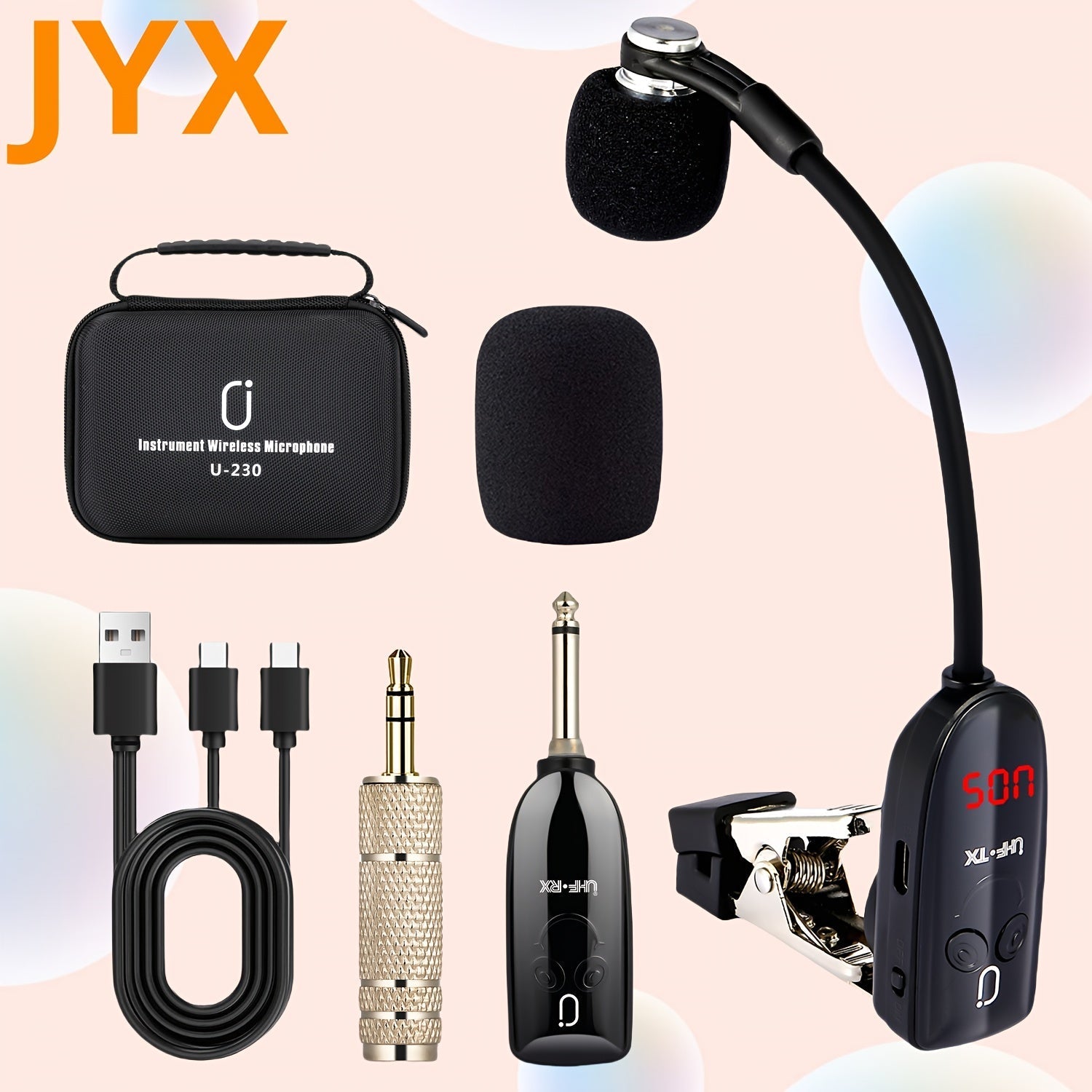 JYX Brand, U-230, Mejor Vendedor, Micrófono sin varillas UHF para Saxofón, Trompeta y Violonchelo, Sistema de Transmisor y Receptor con Carga USB, Distancia de Transmisión de 160 Pies, Incluye Estuche,