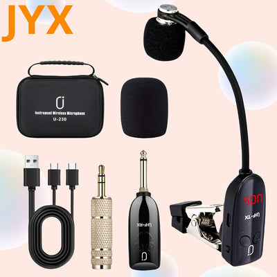 JYX Brand, U-230, Mejor Vendedor, Micrófono sin varillas UHF para Saxofón, Trompeta y Violonchelo, Sistema de Transmisor y Receptor con Carga USB, Distancia de Transmisión de 160 Pies, Incluye Estuche,