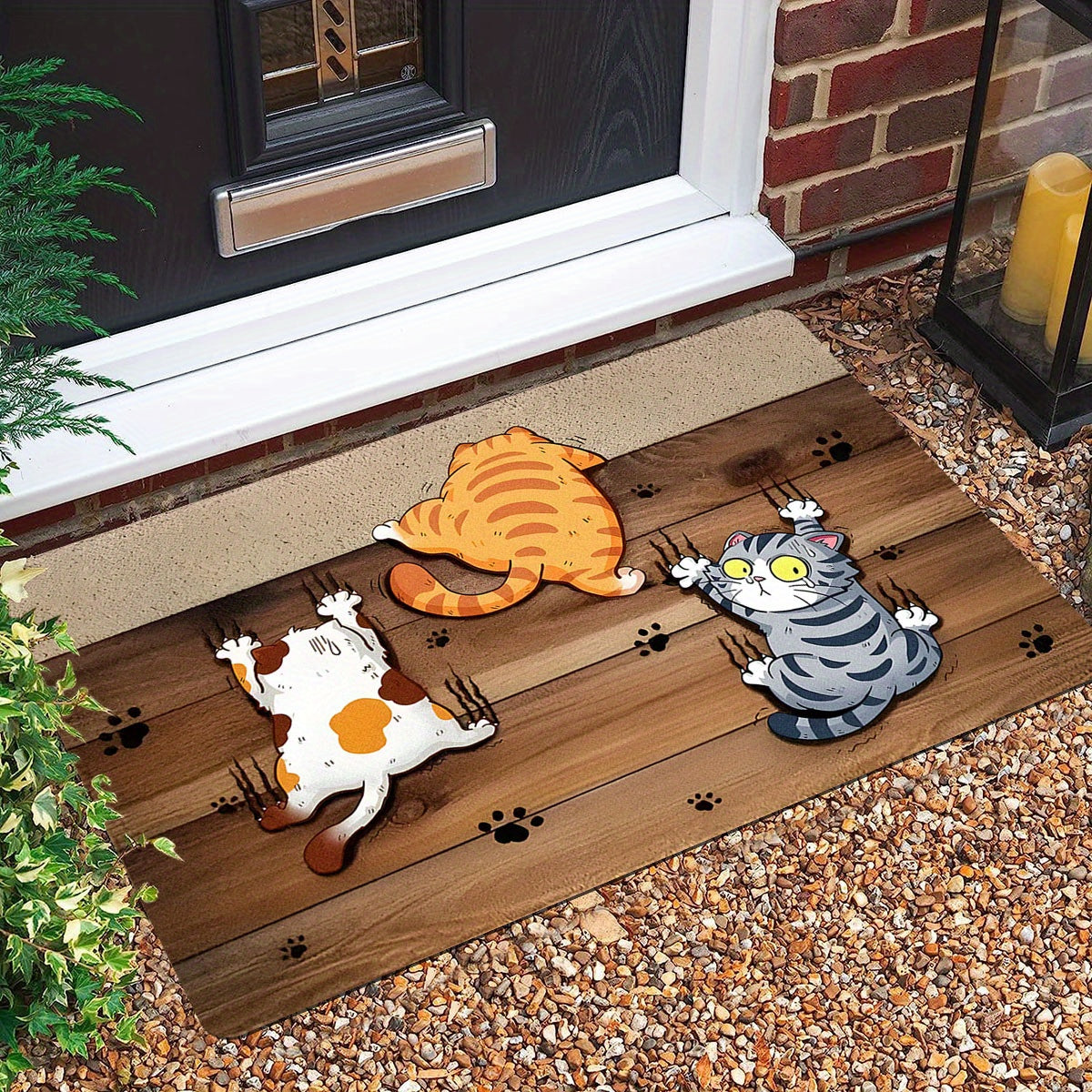 Alfombra de entrada con diseño de gato divertido, 1 unidad – Resistente, de poliéster de secado rápido, en colores naranja, blanco y negro, ideal para interiores/exteriores, cocina, baño o entrada