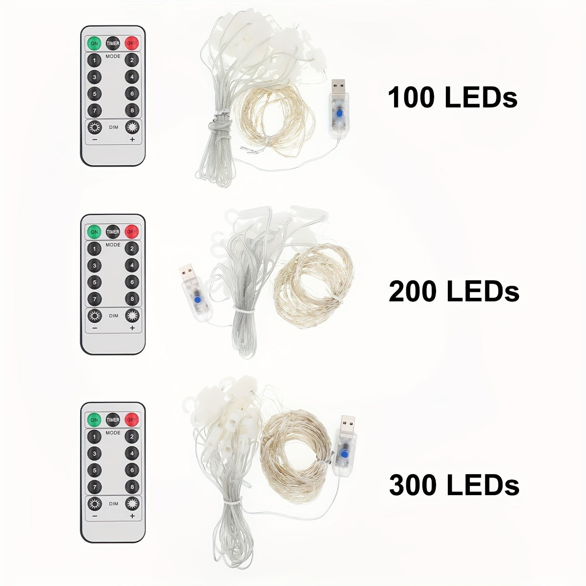 Luces de Hada para Cortina con Alimentación por USB y Control Remoto - 100/200/300 LED, Opciones en Blanco Cálido y Multicolor para Bodas, Fiestas, Hogar, Jardín, Decoración de Dormitorio - Material Plástico, Batería de Botón No Recargable Incluida, Sens