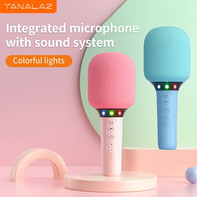 Micrófono inalámbrico TANALAZ con sistema de sonido y luces coloridas - Micrófono portátil USB-C recargable para viajes, hogar, fiestas, KTV - Batería, 2,5-10W de potencia, rosa/azul, accesorios KTV, micrófono moderno, audio de alta calidad