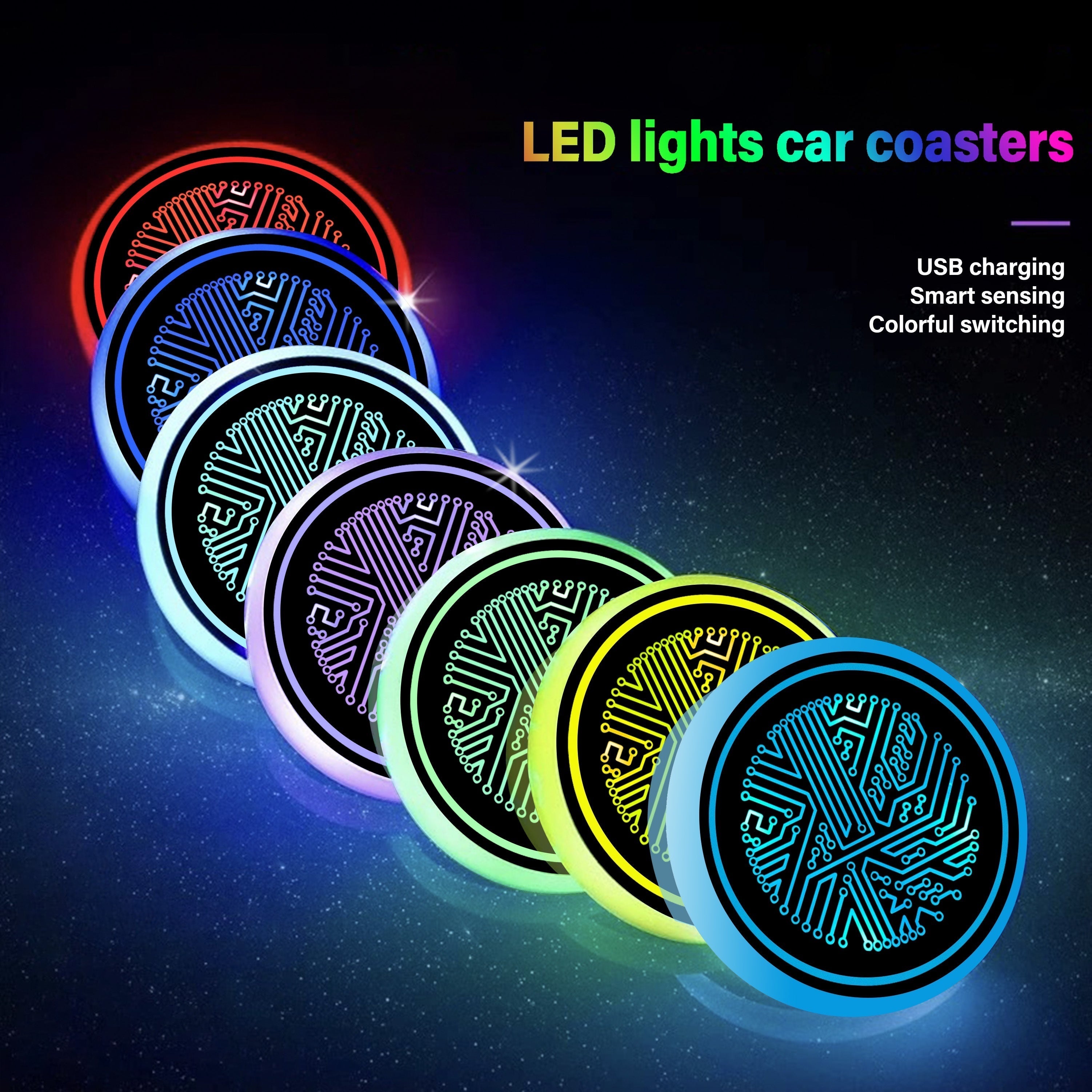 Tapete de luz inteligente LED para soportes de tazas de coche, placas de soporte anti-deslizamiento recargables por USB con sensor vibratorio y apagado automático, modos de encendido y apagado coloreados, accesorios interiores alimentados por batería, ac