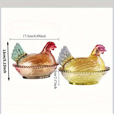 Tarro de Cristal con Forma de Gallo Elegante y Tapa - Diseño Intrincado en Rosa, Verde y Amarillo - Ideal para Dulces, Snacks o Decoración de Mesa - Lavado a Mano Únicamente - Apto para Todas las Estaciones