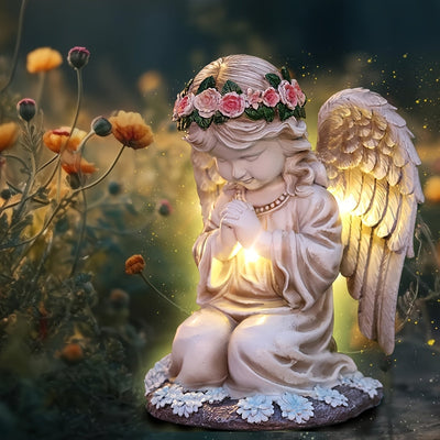 Estatuilla de Ángel Solar con Batería Integrada - Figura Coleccionable Temática de Dibujos Animados, Detalles Florales y Orbe Luminoso, Decoración Duradera para Interiores/Exteriores en Navidad, Halloween, Día de la Madre, San Valentín, Acción de Gracias
