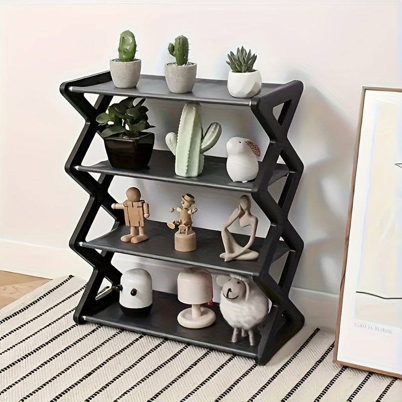 Estante de zapatos de 4 niveles que ahorra espacio - Estante de almacenamiento duradero de metal y plástico, adecuado para zapatos, botas, joyas, relojes - Diseño compacto negro/blanco, ideal para entrada, armario, espacios pequeños, organizador de pies