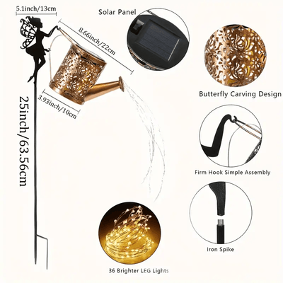Aspersor de hadas con energía solar con luces apiladas, decoración de jardín impermeable, batería de níquel de 600mAh, tetera solar de metal, luz de cascada para decoración festiva al aire libre, iluminación al aire libre | Característica de jardín de ha