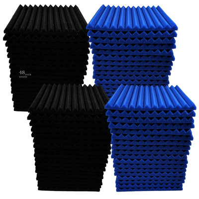 48 paquetes de tableros autoadhesivos absorbentes de sonido (24 negros + 24 azules), adecuados para salas de grabación, habitaciones de instrumentos, KTVs, etc., absorben rápidamente mezclas y ruidos, densidad: 25 kg/m³