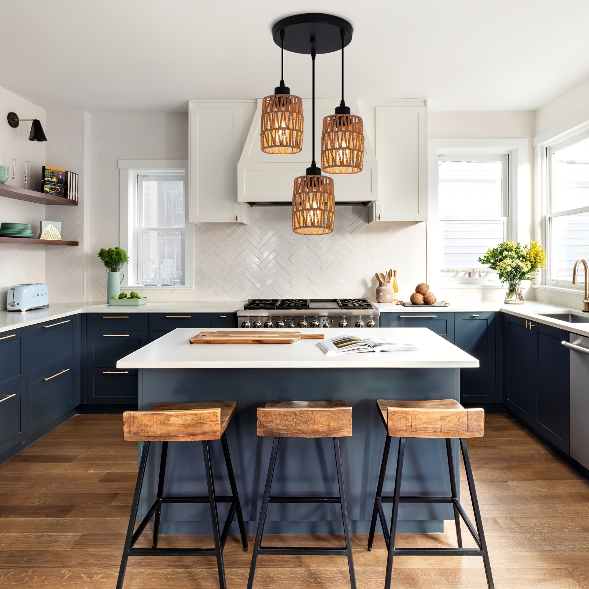 1 lámpara de techo bohemio de 3 luces con sombra tejida en mimbre - Decoración moderna para comedor, cocina y dormitorio - Base E27 (bombillas no incluidas) - Montaje semiempotrado, fácil instalación, diseño ligero de mimbre | Accesorios y decoración par
