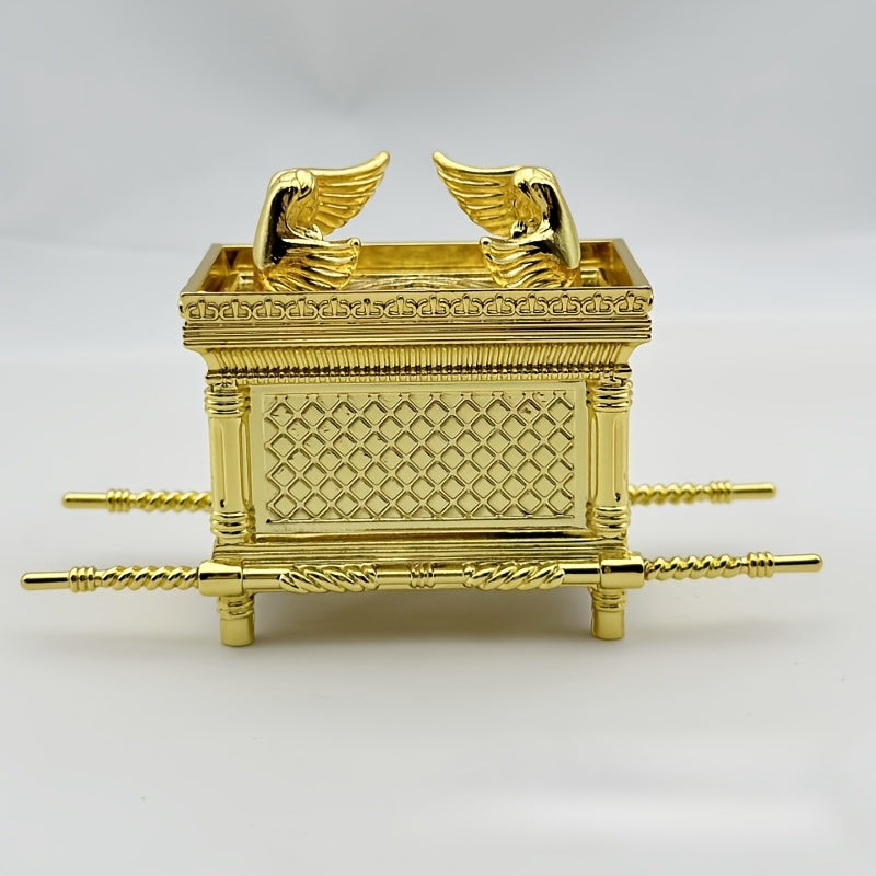 Elegante estatua de la Arca de la Alianza dorada - Aleación pintada a mano, diseño religioso intrincado con asas y tapa ornamentales - Ideal para decoración festiva del hogar, uso interior/exterior, decoración religiosa del hogar