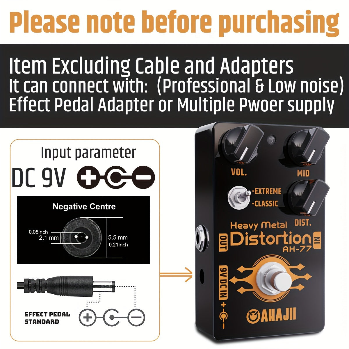 Pedal de efectos para guitarra AHAJII AH-77u, alta ganancia, distorsión, bypass verdadero, selector de 2 vías (Extremo/Clásico), ideal para heavy metal, color negro