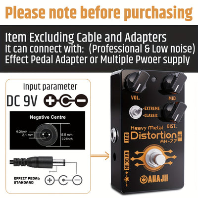 Pedal de efectos para guitarra AHAJII AH-77u, alta ganancia, distorsión, bypass verdadero, selector de 2 vías (Extremo/Clásico), ideal para heavy metal, color negro
