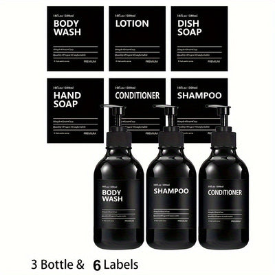 3pcs Botella Redonda de 500ml para Aceites Esenciales y Jabón en Gel, Dispensadores de Plástico con Etiquetas Removibles (Gel de Ducha, Loción, Jabón para Manos, Acondicionador) - Incluye 6 Etiquetas