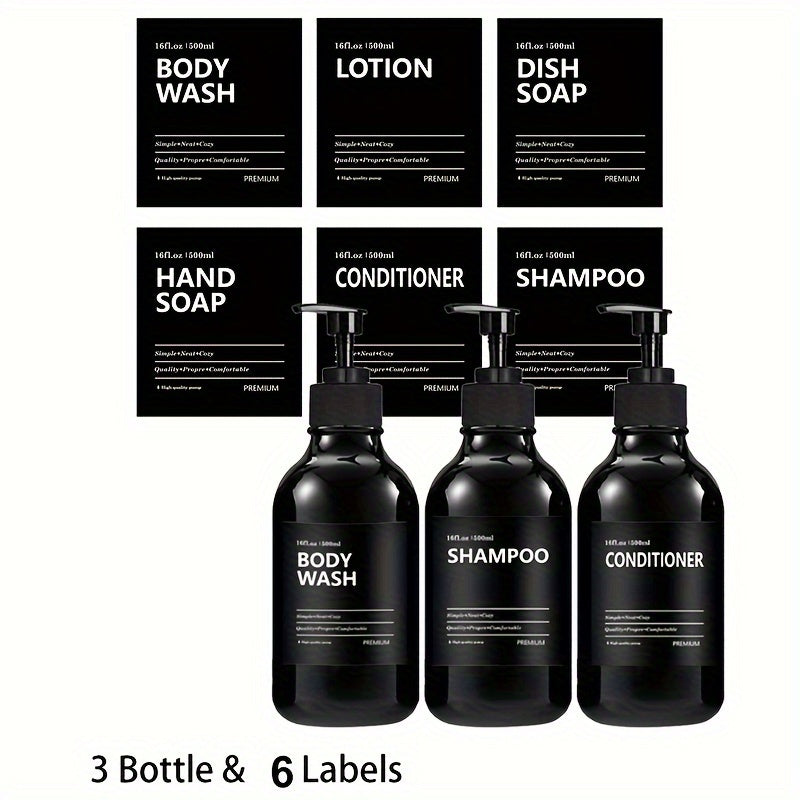 3pcs Botella Redonda de 500ml para Aceites Esenciales y Jabón en Gel, Dispensadores de Plástico con Etiquetas Removibles (Gel de Ducha, Loción, Jabón para Manos, Acondicionador) - Incluye 6 Etiquetas