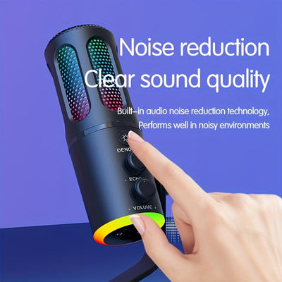 RIKSOIN USB Micrófono de condensador para juegos con luces RGB, Plug & Play con cancelación de ruido - Calidad de sonido profesional, brazo y soporte ajustables, alimentado por USB-C para juegos de PC, podcasting, transmisión en vivo, karaoke, videoconfe