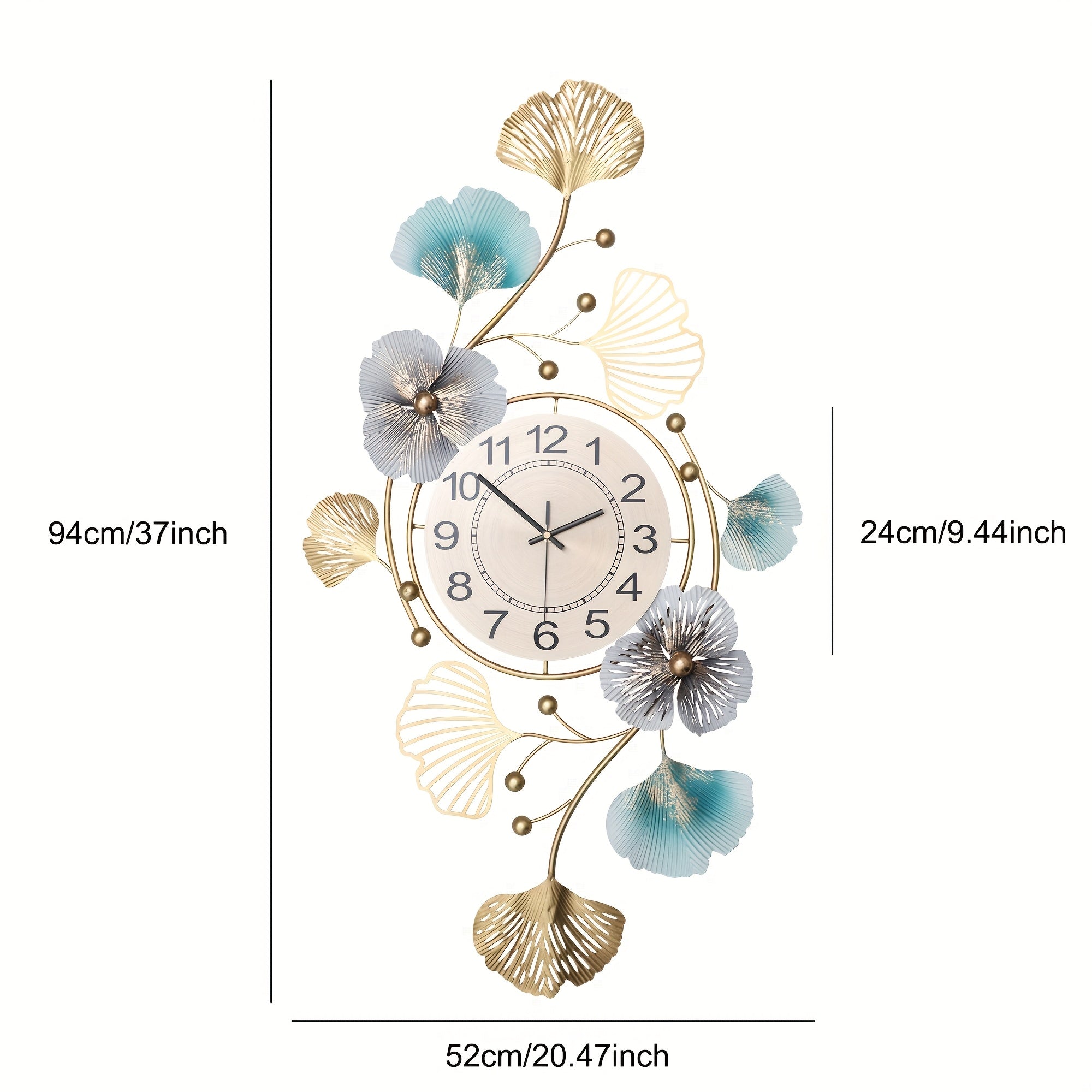 1pc Elegante Reloj de Pared de Metal con Flores y Hojas de Ginkgo, Decoración Artística para el Hogar, Silencioso, Funciona con Pilas, Sin Enchufe, para Decoración de Paredes de Sala de Estar, Dormitorio, Jardín al Aire Libre (Pilas no Incluidas)