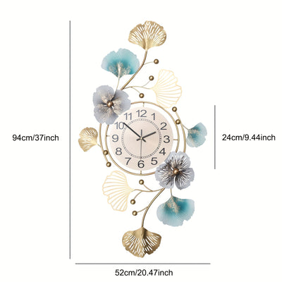1pc Elegante Reloj de Pared de Metal con Flores y Hojas de Ginkgo, Decoración Artística para el Hogar, Silencioso, Funciona con Pilas, Sin Enchufe, para Decoración de Paredes de Sala de Estar, Dormitorio, Jardín al Aire Libre (Pilas no Incluidas)