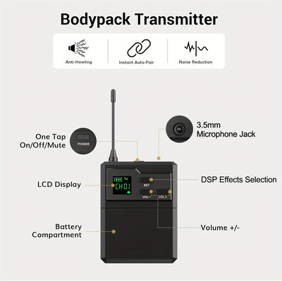 Sistema de micrófonos inalámbricos doble con receptor recargable, entrada de 3.5mm, control de volumen y clip para smartphones, bocinas PA, grabación, enseñanza, iglesia y vlogging - Negro, micrófono inalámbrico para cantar