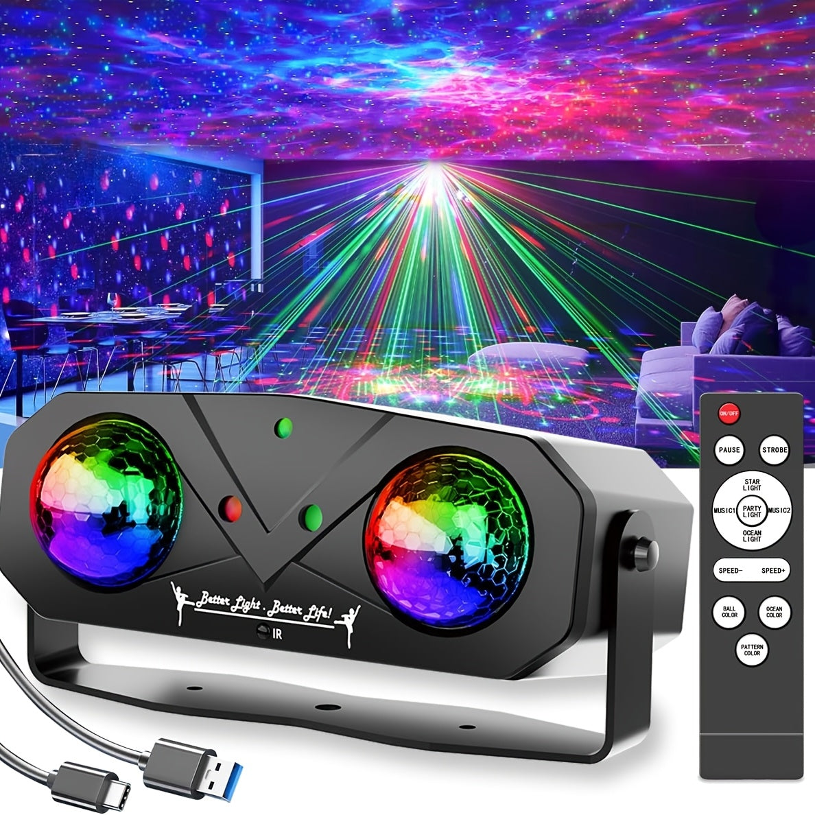 Luces DJ para fiestas con control remoto, activadas por sonido, alimentadas por USB, multicolor, con proyector láser y bola de discoteca, decoración para hogar, eventos, Navidad, Halloween, decoración festiva, iluminación elegante, rendimiento confiable,