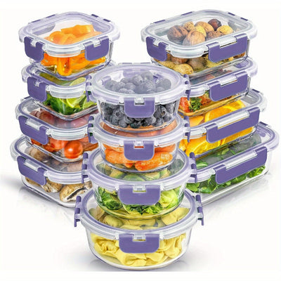 Paquete de 24, 12 Contenedores para Almacenamiento de Alimentos Sellados y Congelables con 12 Tapas, Recipiente de Cocina, Caja de Vidrio para el Mediodía, Contenedor de Vidrio Cubierto