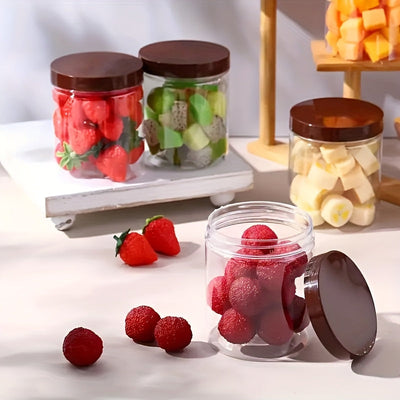 9 piezas de 16 onzas de frascos de plástico transparente con tapas marrones - Diseño con rosca y hermético para frutas secas, miel, nueces y más - Incluye etiquetas y bolígrafo, ideal para almacenamiento de cocina, accesorios para frascos de mason