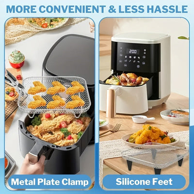 Juego de 8 Piezas para Freidora de Aire: Rejilla Apilable, Pinzas y Alfombrilla Reforzada - Rejilla de 3 Niveles para Cocina Saludable y Deshidratación, Compatible con Lavavajillas, Horno, Olla a Presión y la Mayoría de Freidoras de Aire, Herramientas Mu
