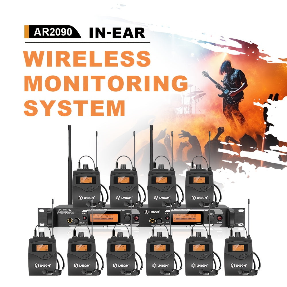 Sistema de monitoreo sin varillas intrauditivo LMBGM AR2090-8 UHF de dos canales con tipo de monitorización, adecuado para escenario, banda, estudio y músicos (8 paquetes de cinturón con transmisor)