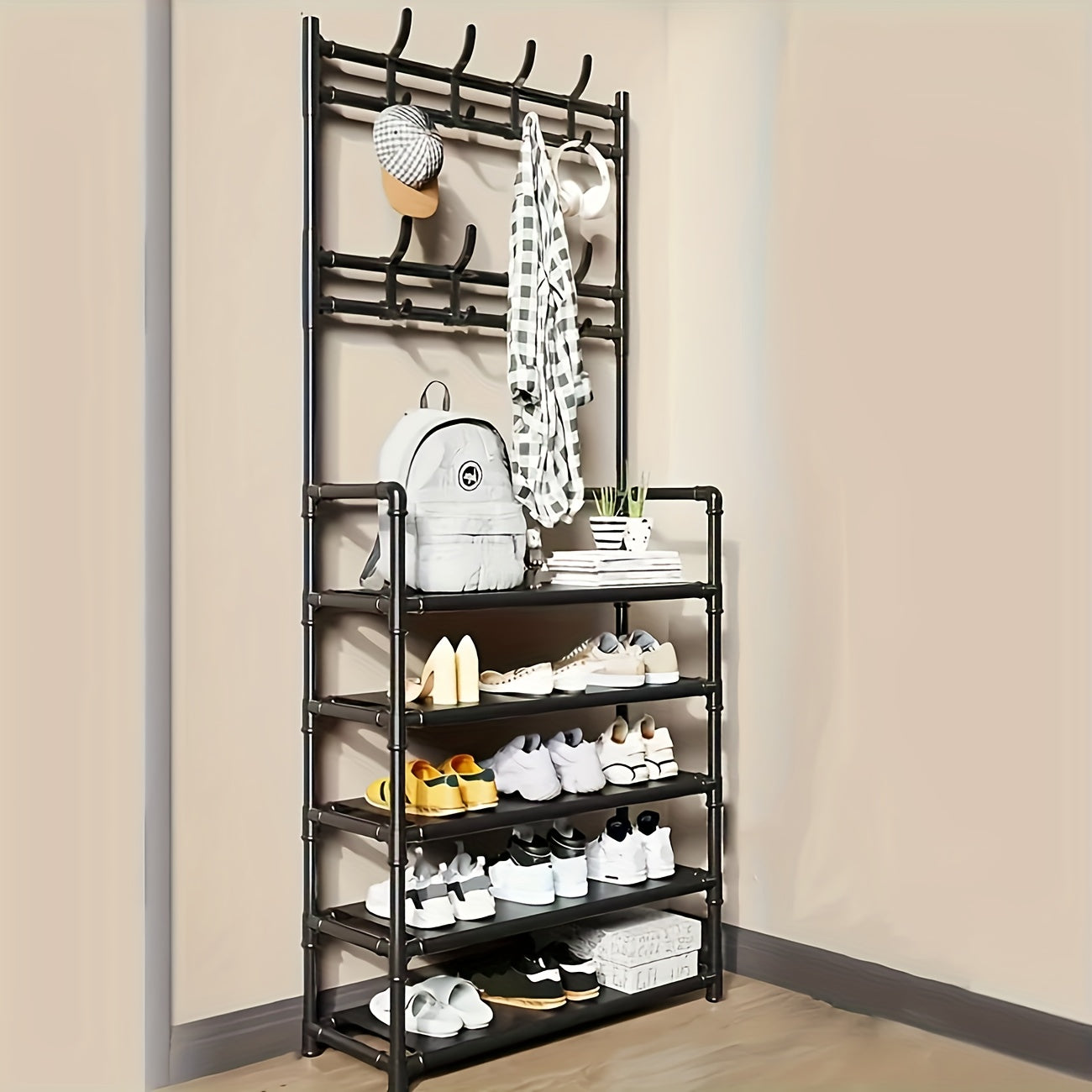 Estantería Multifuncional de 5 Niveles con 8 Ganchos Dobles - Organizador de Zapatos y Ropa en Acero Inoxidable, Marco Metálico Resistente para Sala, Baño o Tienda, Unidad Versátil de Almacenamiento, Estante Contemporáneo y Robusto, Ahorra Espacio