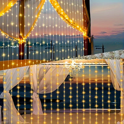 Luces solares para cortinas de 200/300 LED, 8 modos de iluminación, decoración de alambre de cobre para Navidad, bodas, hogar y jardín, exterior 298.7 cm x 298.7 cm