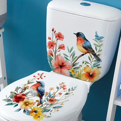 2 piezas de calcomanías adhesivas para pared de baño, diseño floral con pájaros rojos y azules, impermeables, acabado mate, fáciles de pegar y despegar, decoración para el hogar, accesorios para baño